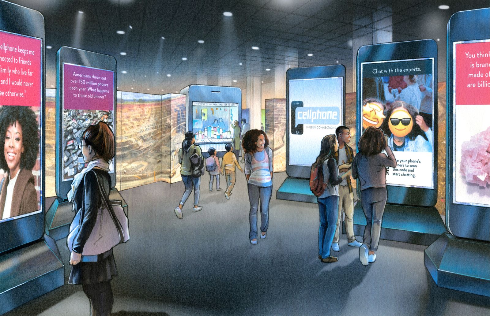 An artist rendering of a museum exhibit about cell phones